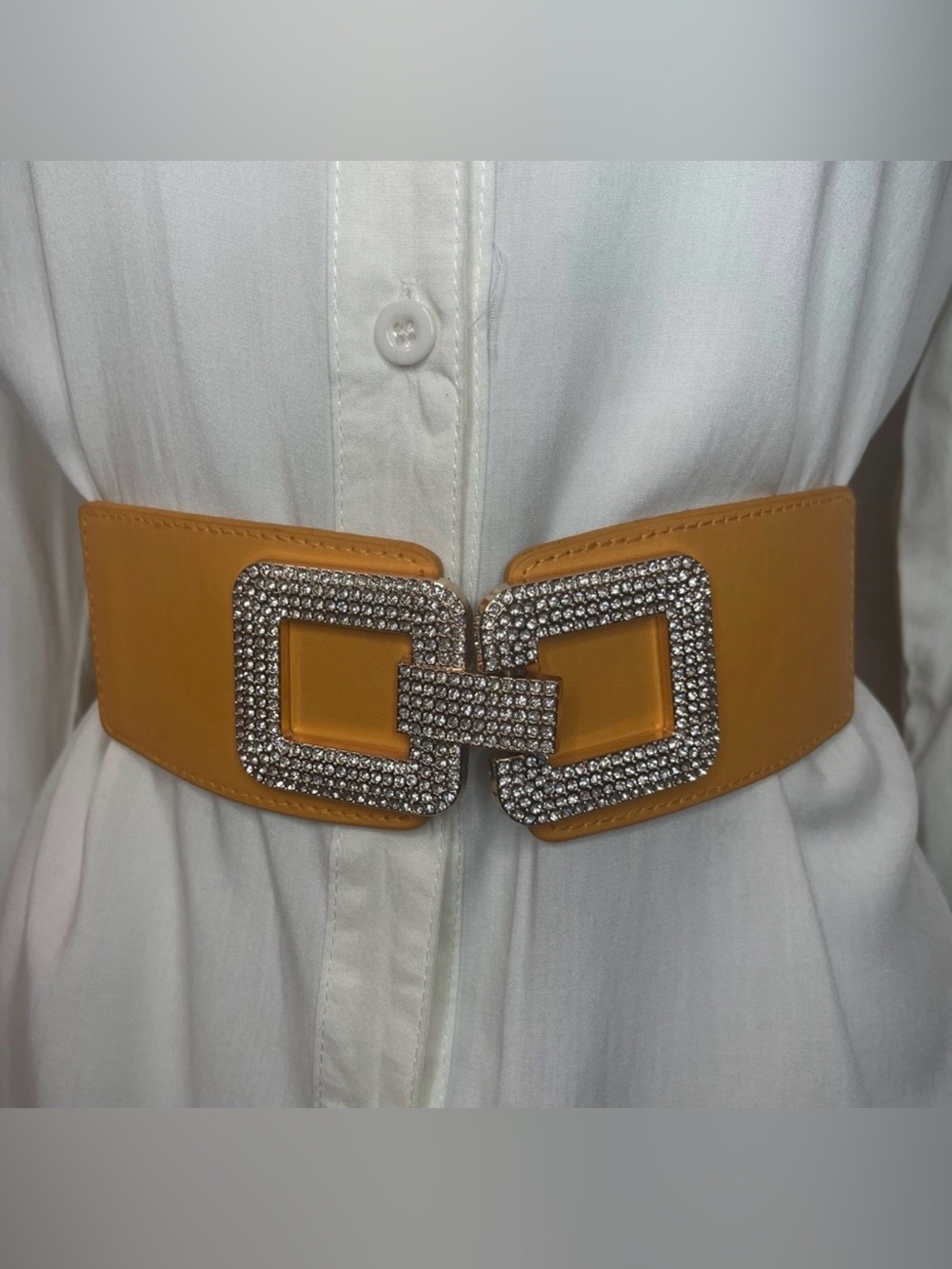 Mustard yellow PU leather buckle with rhinestones details elastic waistband belt